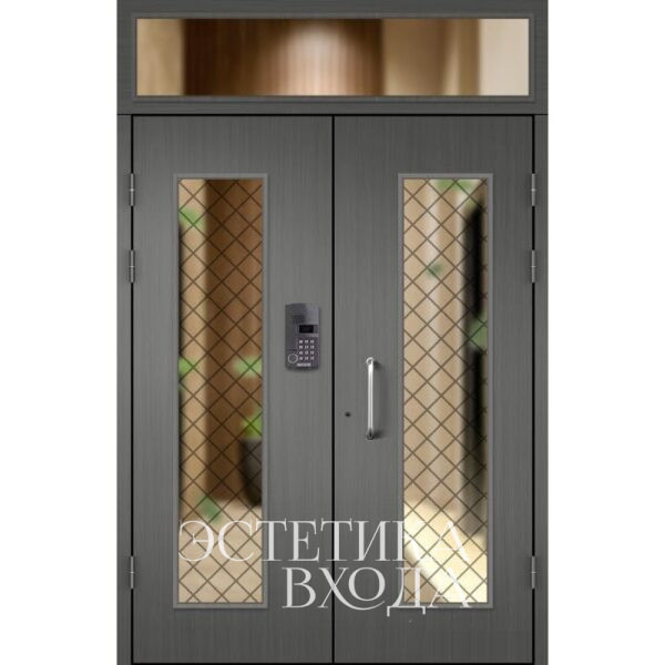 Двухстворчатая подъездная дверь с максимальным остеклением и фрамугой